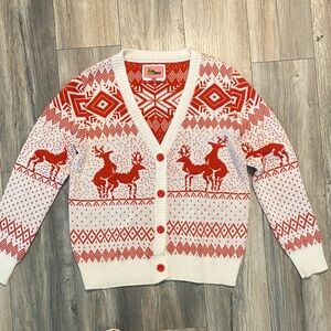 Tipsy Elves Pink tag-Red and White Reindeer Cardigan